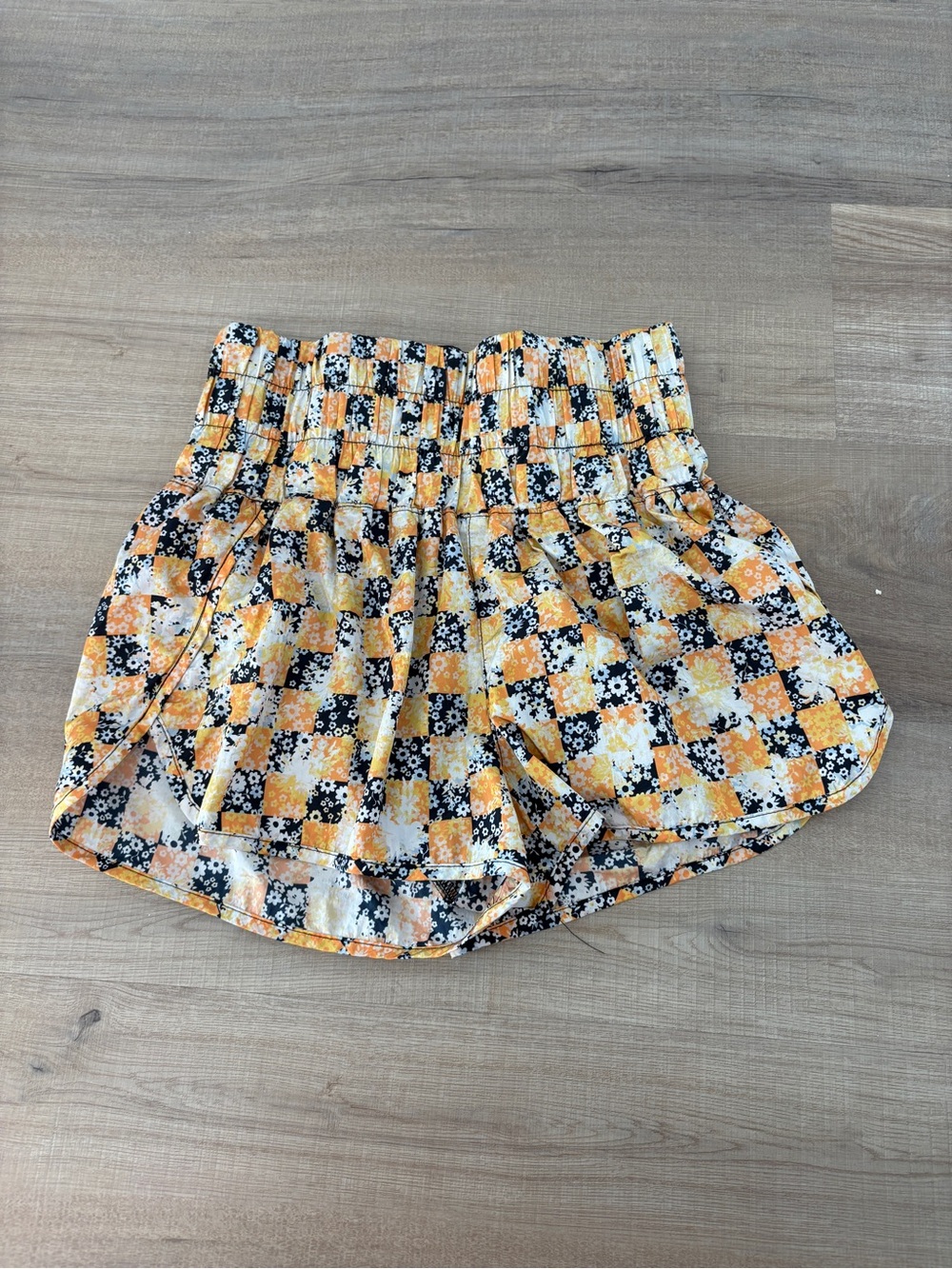Free People Floral Patchwork Smocked Shorts in Yellow and Black